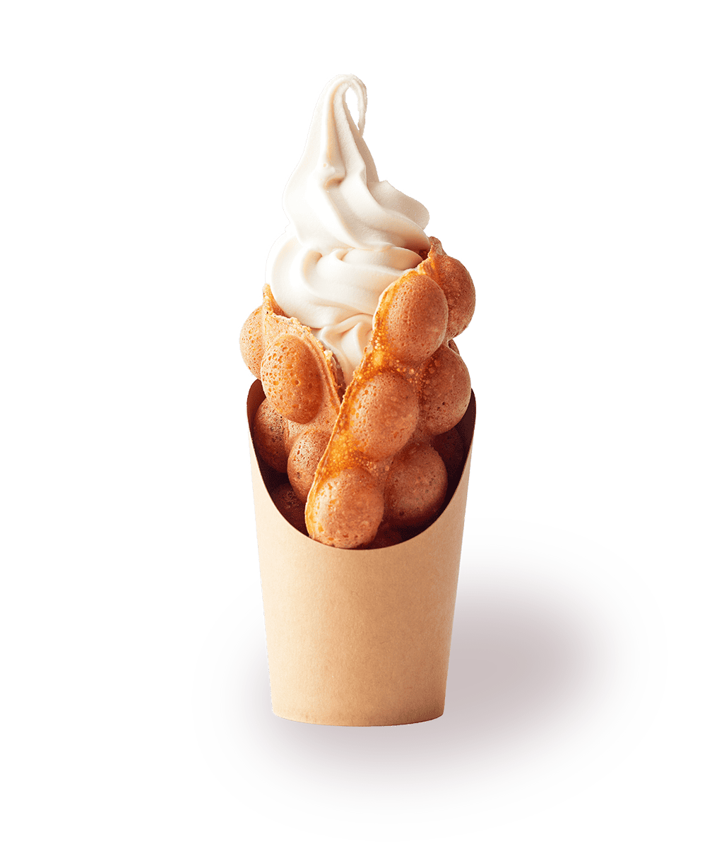 Freshly baked bubble waffle topped with pure soy milk soft serve