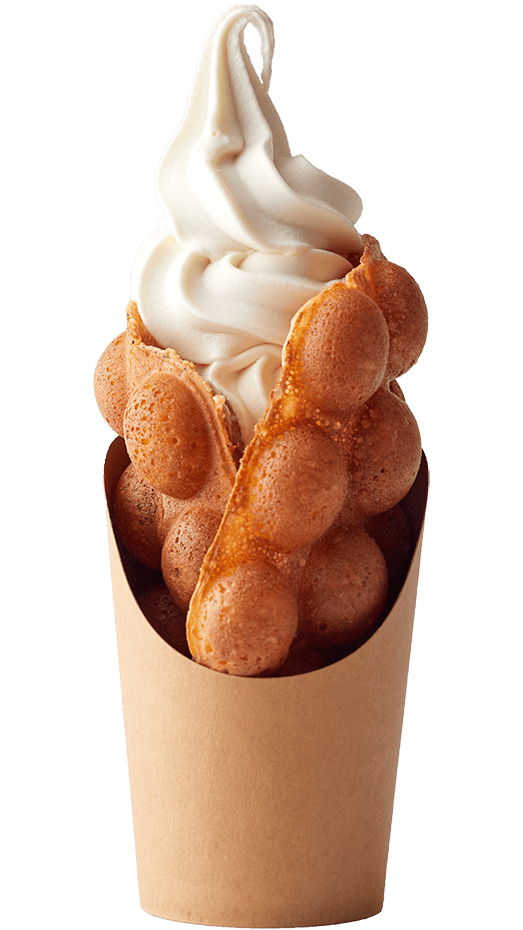 Full-size bubble waffle with soy milk soft serve