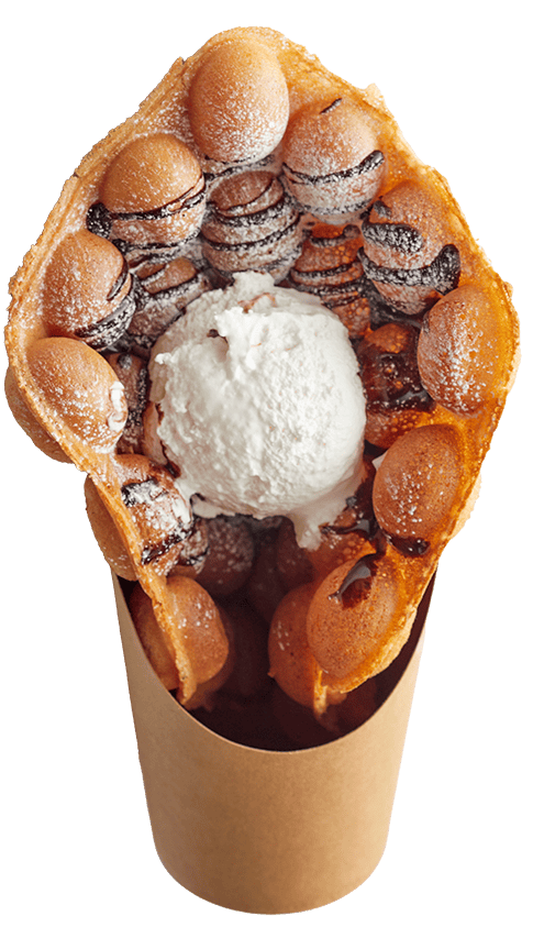 Full-size bubble waffle with soy whipped cream and chocolate sauce
